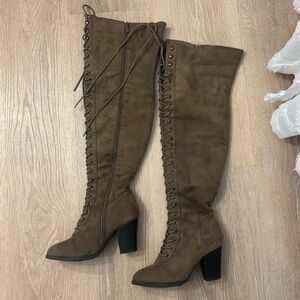 Forever 21 Brown Lace-Up Knee-High Block Heel Boots